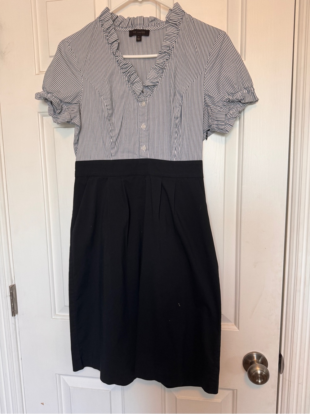 The Limited Black Skirt Navy and White Pinstripe V-Neck Fit & Flare Dress